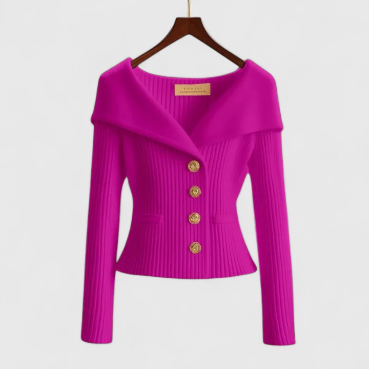 Women's Elegant Ribbed Knit Cardigan with Off-Shoulder Neckline