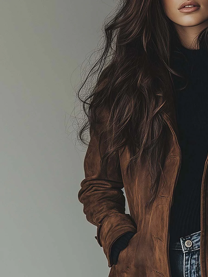 Women's Elegant Long Suede Trench Coat with Double-Breasted Buttons