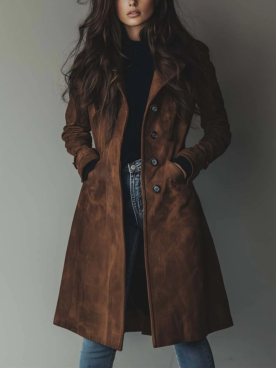 Women's Elegant Long Suede Trench Coat with Double-Breasted Buttons