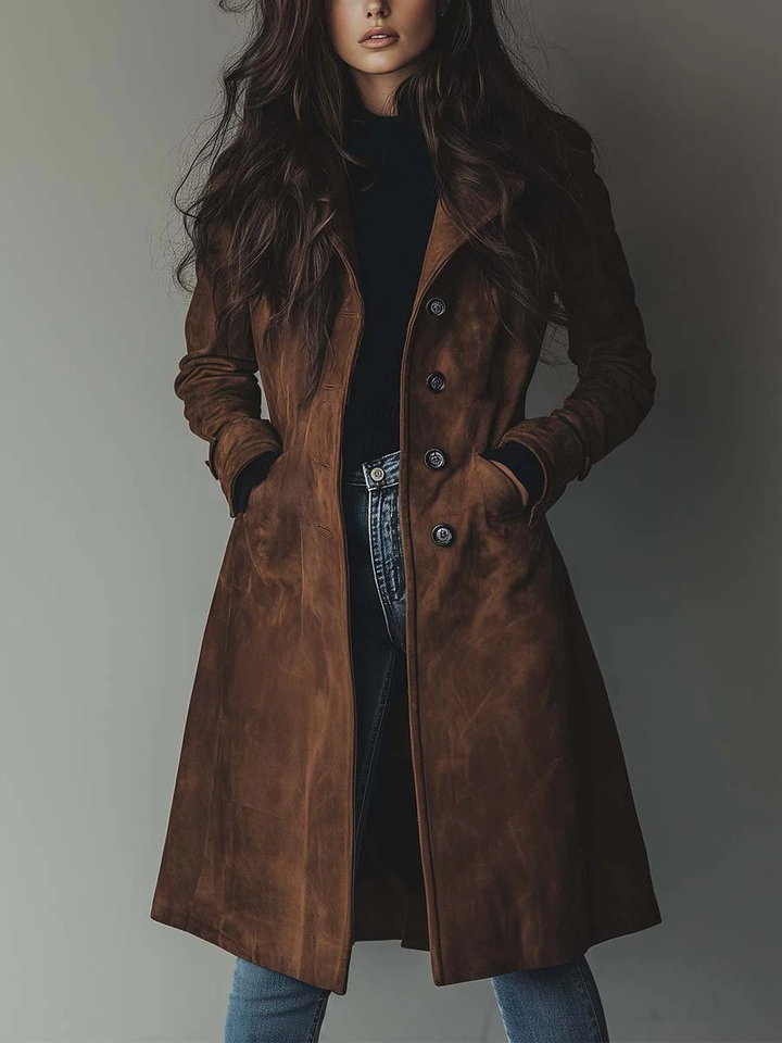 Women's Elegant Long Suede Trench Coat with Double-Breasted Buttons