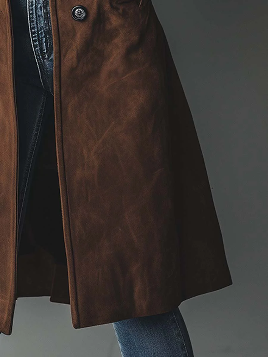 Women's Elegant Long Suede Trench Coat with Double-Breasted Buttons
