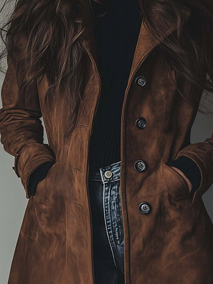 Women's Elegant Long Suede Trench Coat with Double-Breasted Buttons