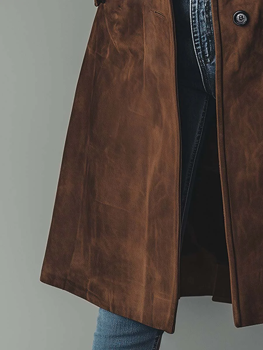 Women's Elegant Long Suede Trench Coat with Double-Breasted Buttons