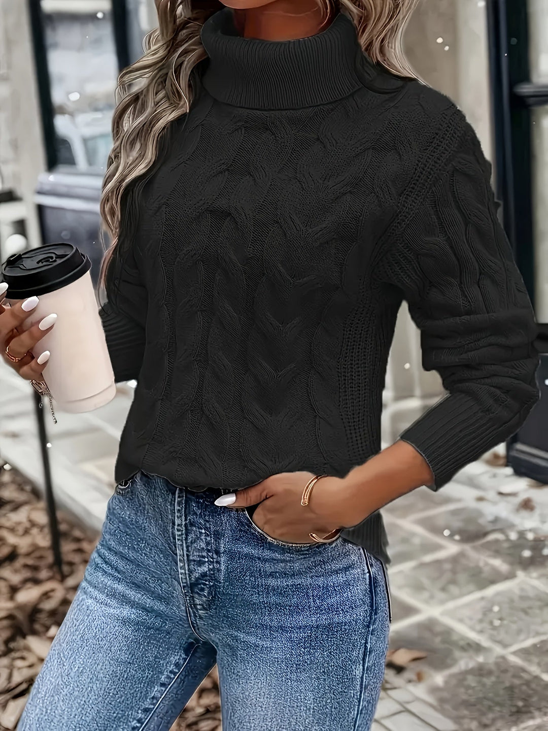 Women's Pretty Cable Knit Turtleneck Jumper