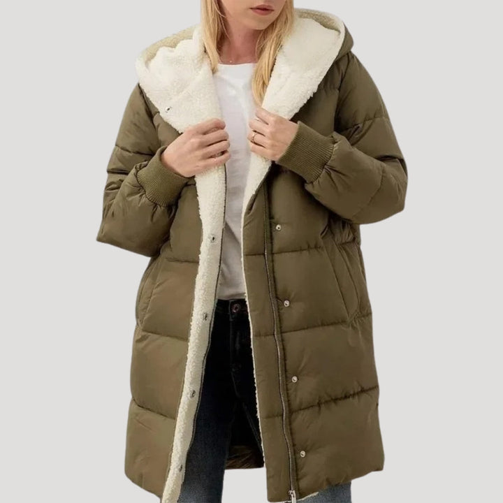 Women's Pretty Quilted Hooded Puffer Jacket with Teddy Fleece