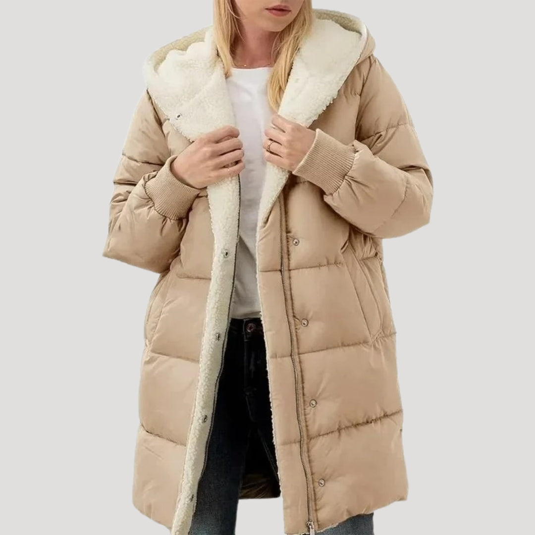 Women's Pretty Quilted Hooded Puffer Jacket with Teddy Fleece