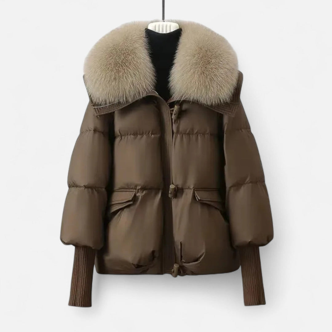 Women's Lovely Brown Puffer Jacket with Faux Fur Collar