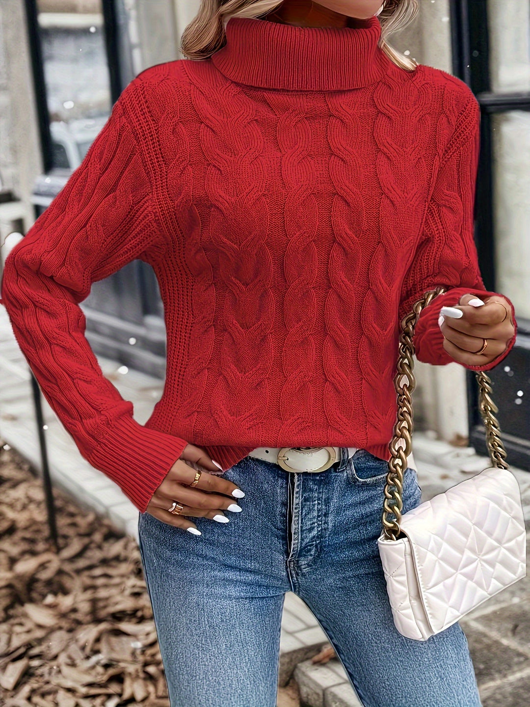 Women's Pretty Cable Knit Turtleneck Jumper
