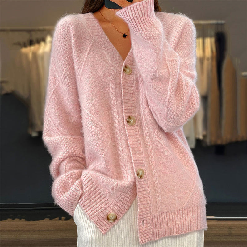 Women's Relaxed Cable Knit Cardigan with V Neck and Button-Up Front