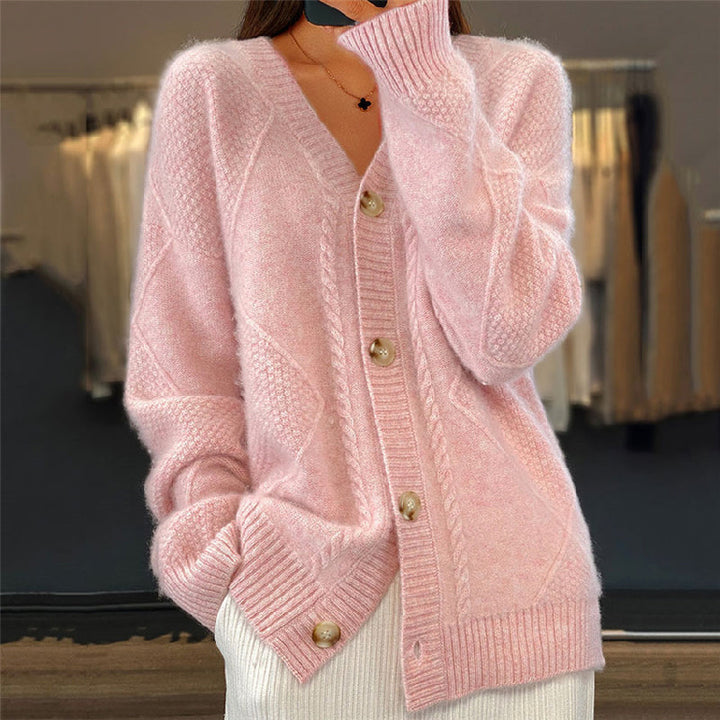 Women's Relaxed Cable Knit Cardigan with V Neck and Button-Up Front