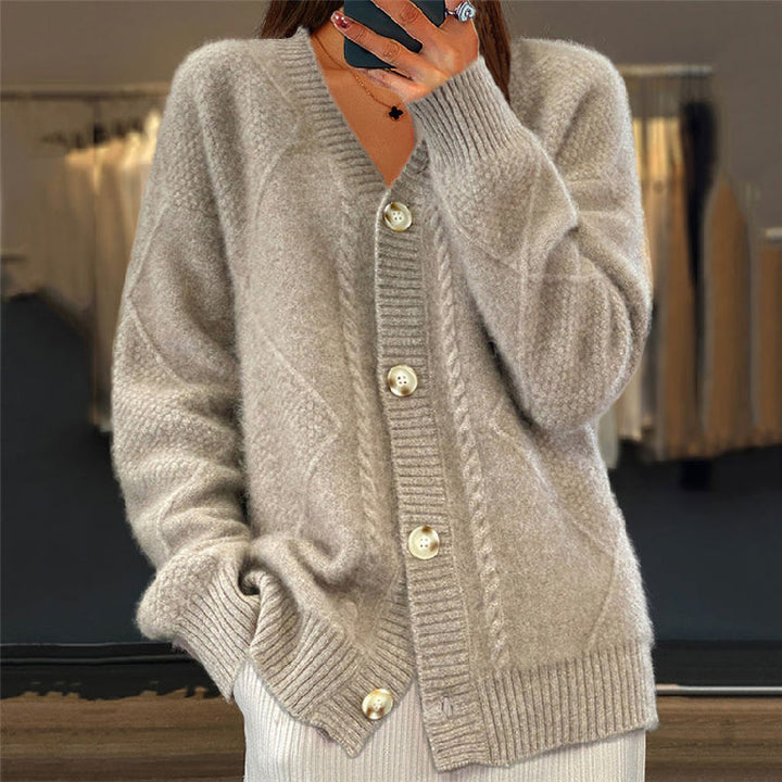 Women's Relaxed Cable Knit Cardigan with V Neck and Button-Up Front
