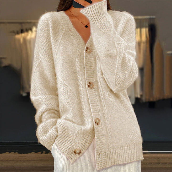 Women's Relaxed Cable Knit Cardigan with V Neck and Button-Up Front