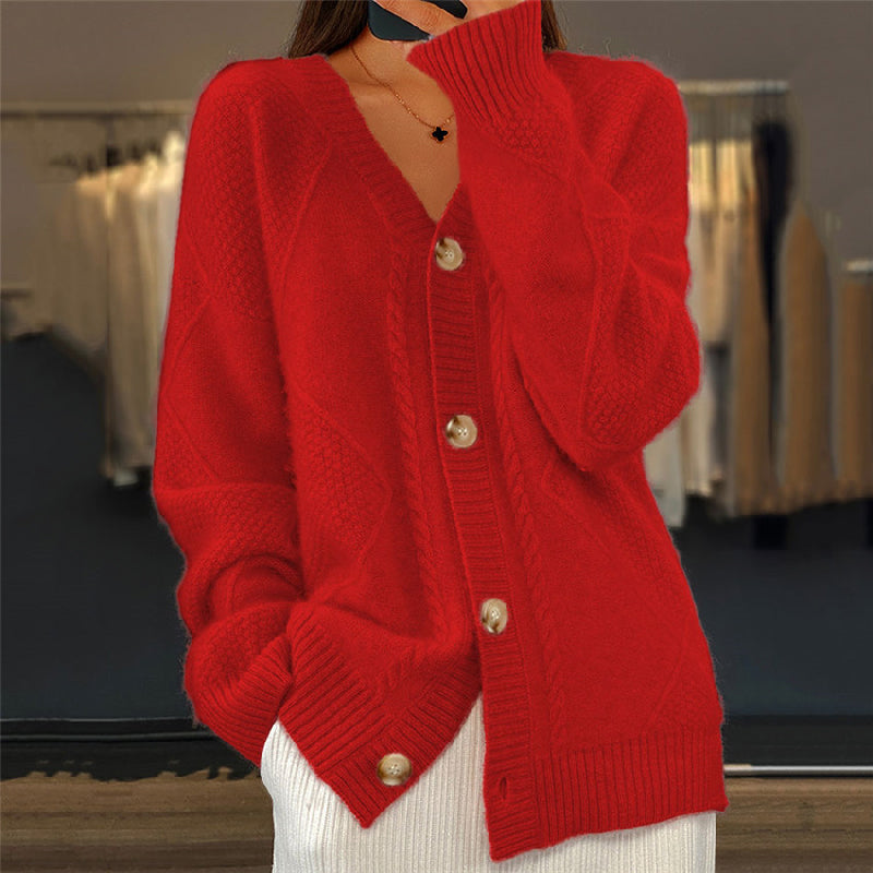 Women's Relaxed Cable Knit Cardigan with V Neck and Button-Up Front