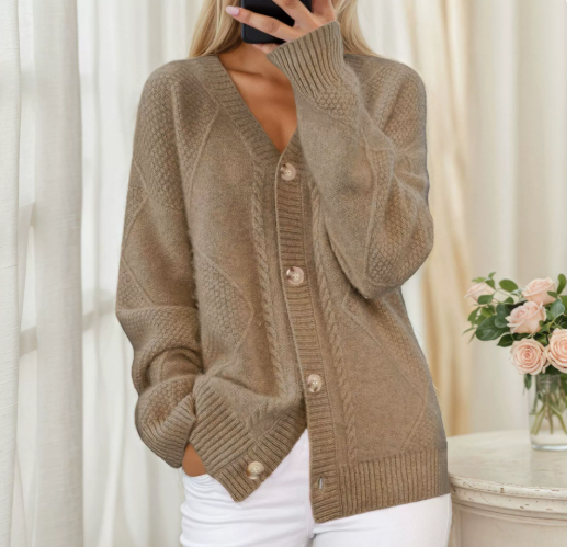 Women's Relaxed Cable Knit Cardigan with V Neck and Button-Up Front