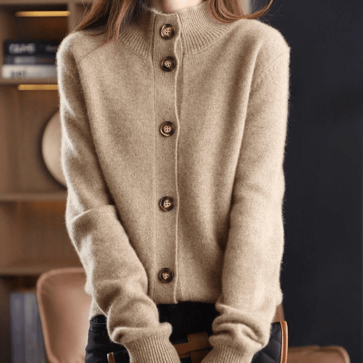 Women's Gorgeous Cashmere Mock Neck Knit Cardigan with Button-Up Front