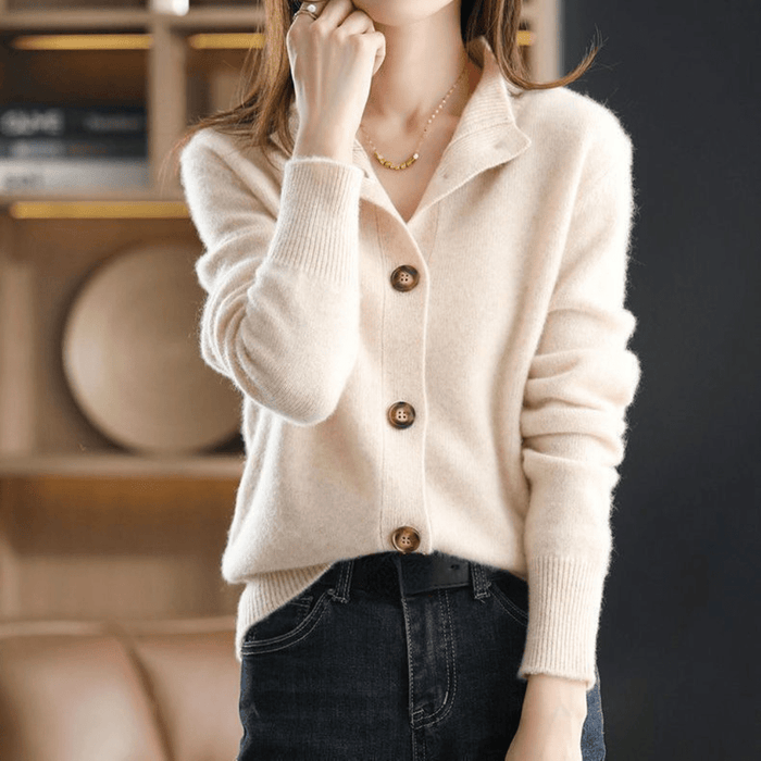 Women's Gorgeous Cashmere Mock Neck Knit Cardigan with Button-Up Front