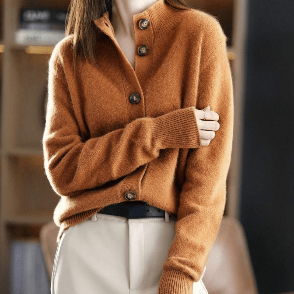 Women's Gorgeous Cashmere Mock Neck Knit Cardigan with Button-Up Front