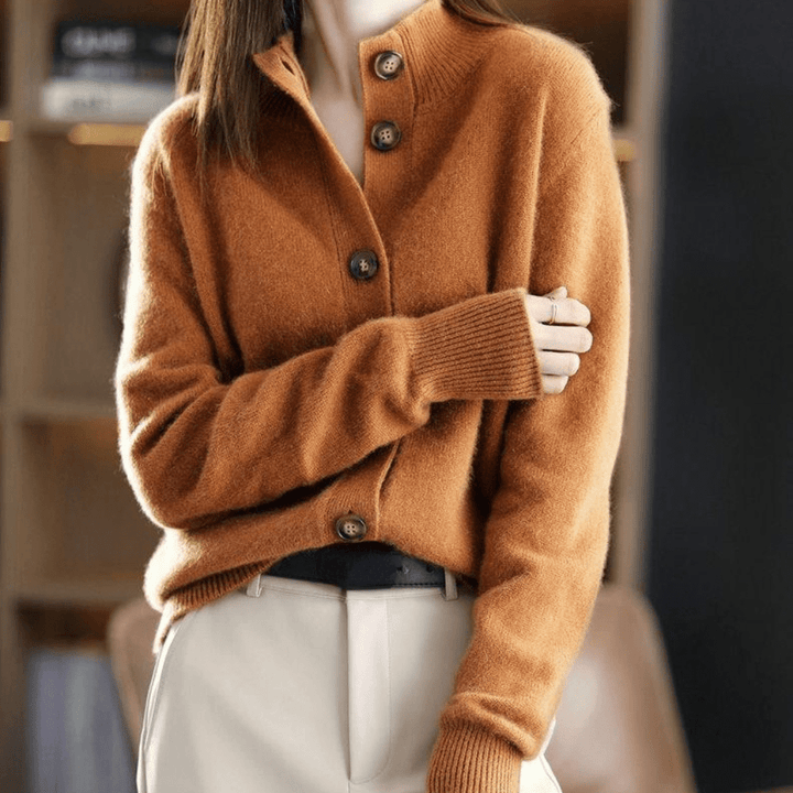 Women's Gorgeous Cashmere Mock Neck Knit Cardigan with Button-Up Front