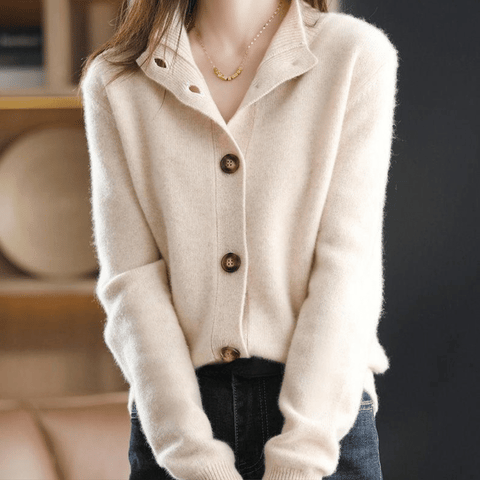 Women's Gorgeous Cashmere Mock Neck Knit Cardigan with Button-Up Front