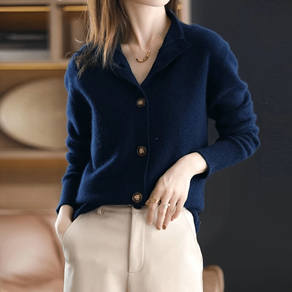 Women's Gorgeous Cashmere Mock Neck Knit Cardigan with Button-Up Front