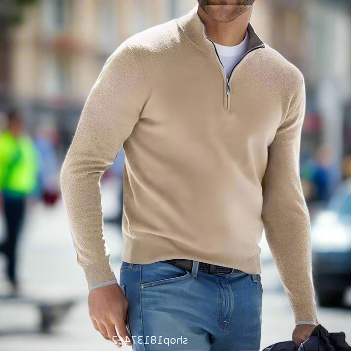 Men's Classic Quarter Zip Knit Jumper with Ribbed Cuffs