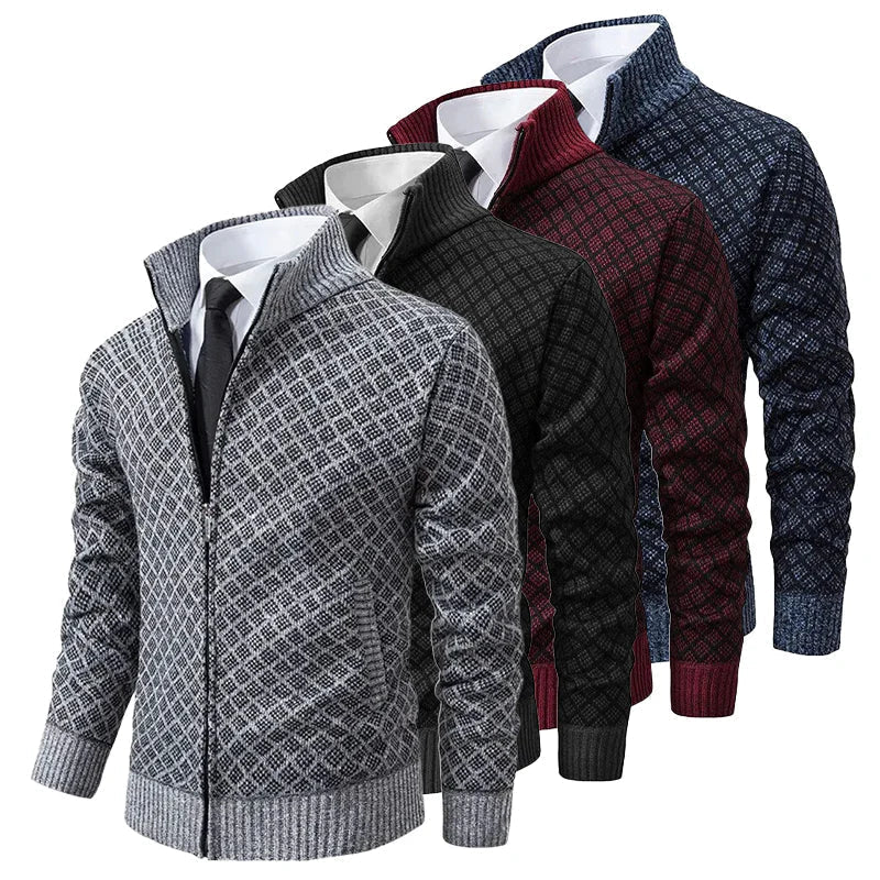 Men's Stylish Argyle Zip Longline Knit Cardigan