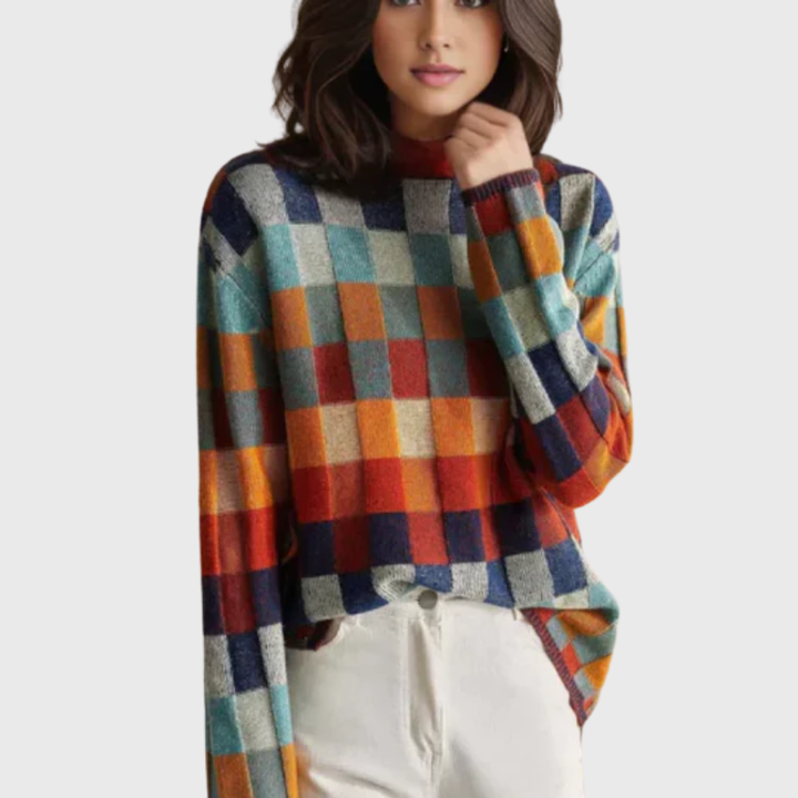 Women's Graceful Crew Neck Jumper with Color-Block Pattern