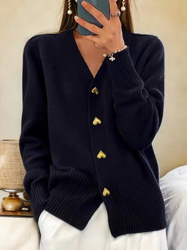 Women's Feminine Ribbed Knit Cardigan with V Neck and Button-Up Front