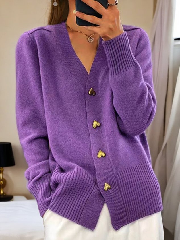 Women's Feminine Ribbed Knit Cardigan with V Neck and Button-Up Front