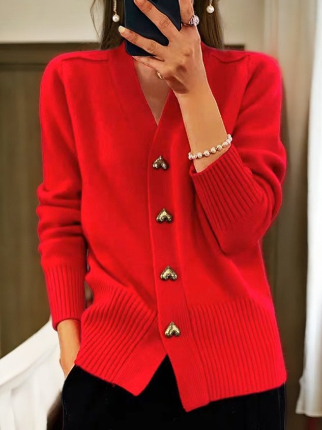 Women's Feminine Ribbed Knit Cardigan with V Neck and Button-Up Front