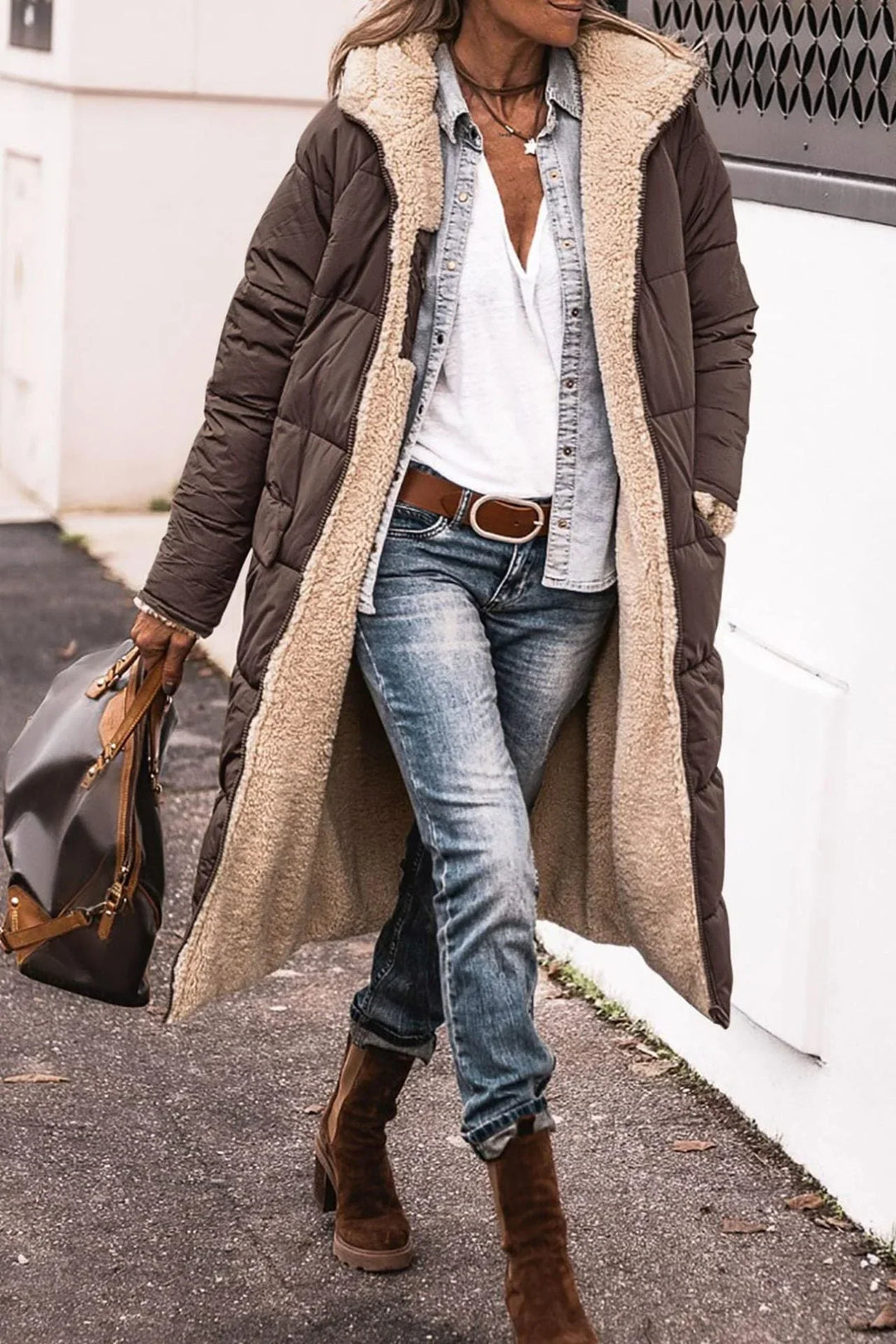Women's Cosy Hooded Quilted Down Puffer Jacket with Teddy Fleece