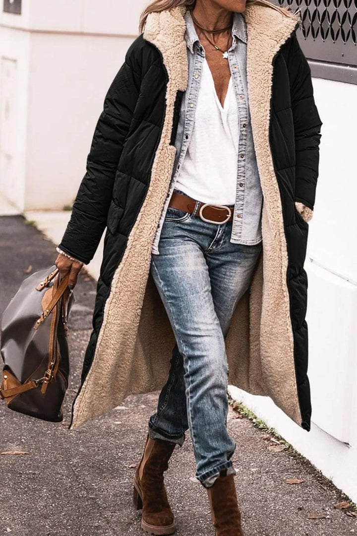 Women's Cosy Hooded Quilted Down Puffer Jacket with Teddy Fleece