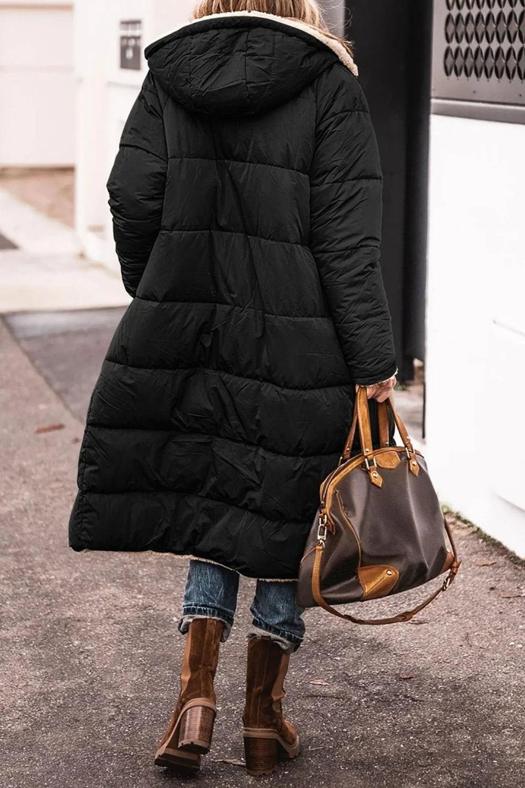 Women's Cosy Hooded Quilted Down Puffer Jacket with Teddy Fleece