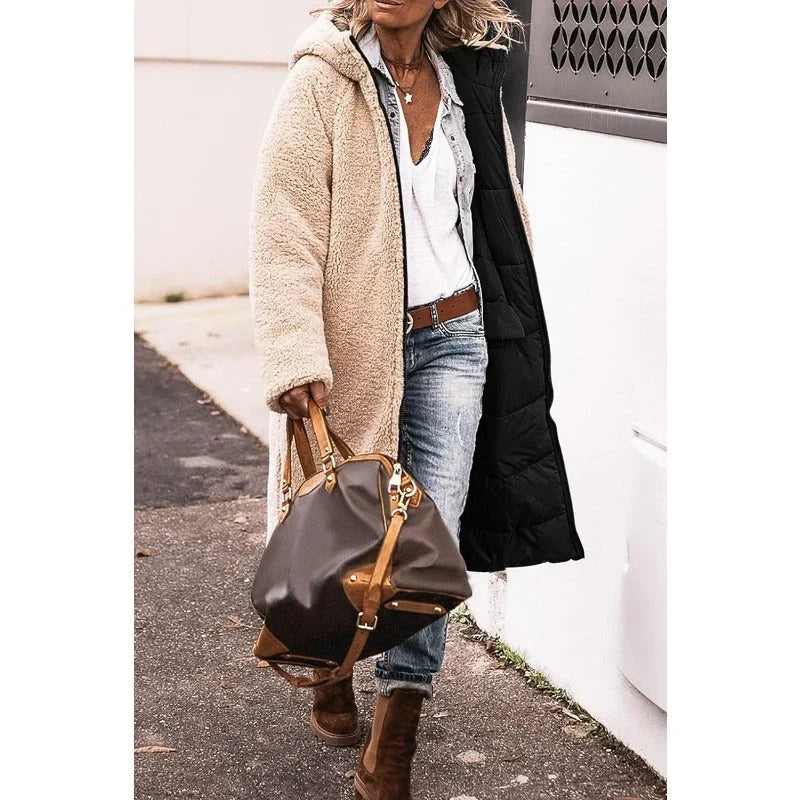 Women's Cosy Hooded Quilted Down Puffer Jacket with Teddy Fleece