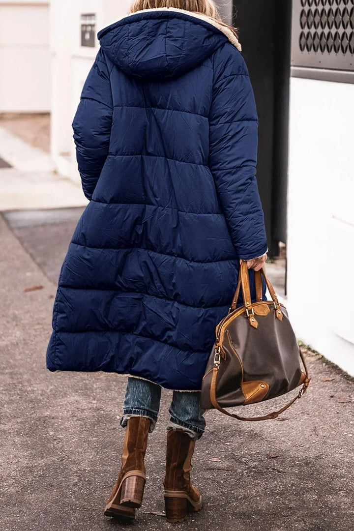 Women's Cosy Hooded Quilted Down Puffer Jacket with Teddy Fleece