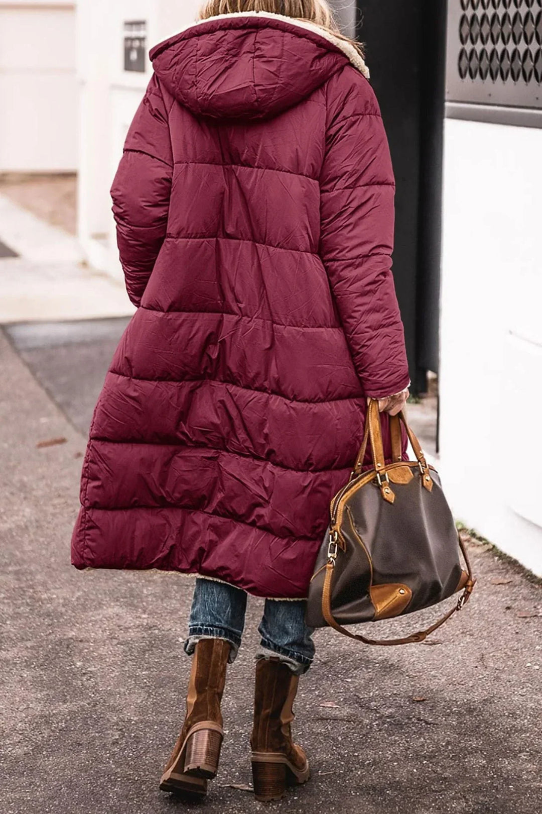 Women's Cosy Hooded Quilted Down Puffer Jacket with Teddy Fleece