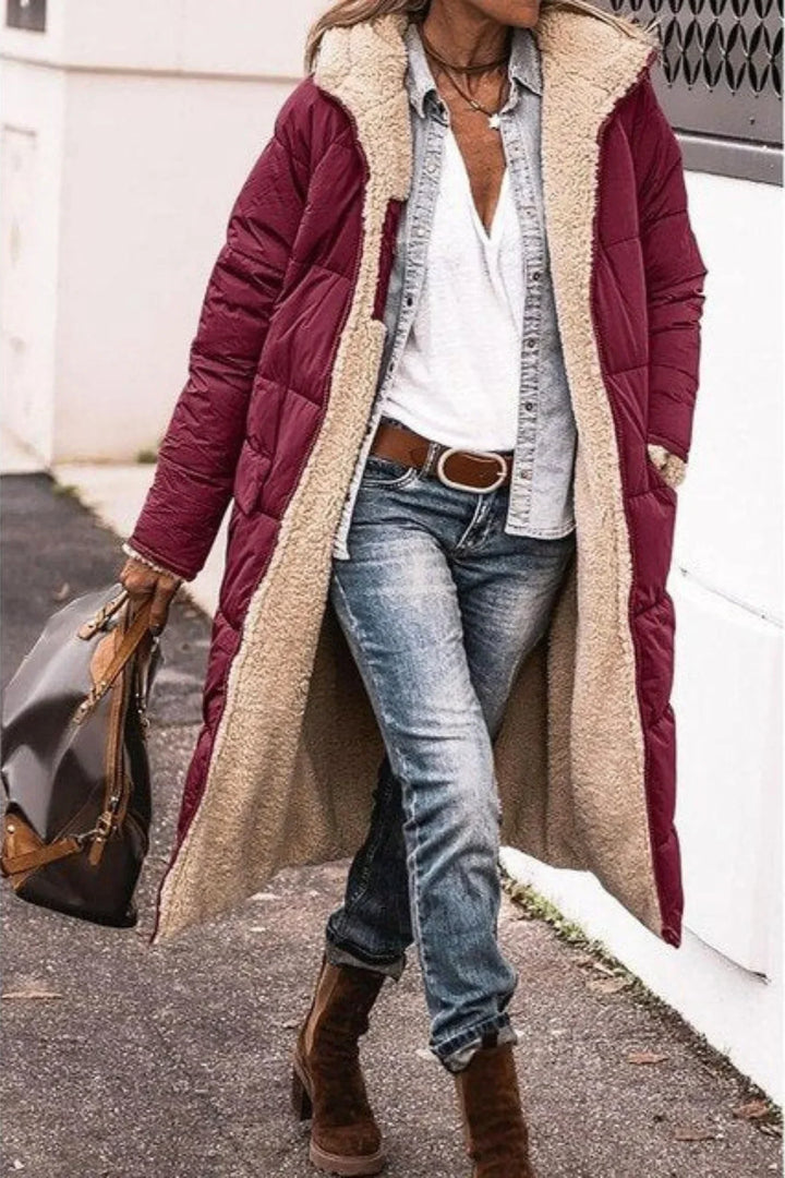 Women's Cosy Hooded Quilted Down Puffer Jacket with Teddy Fleece